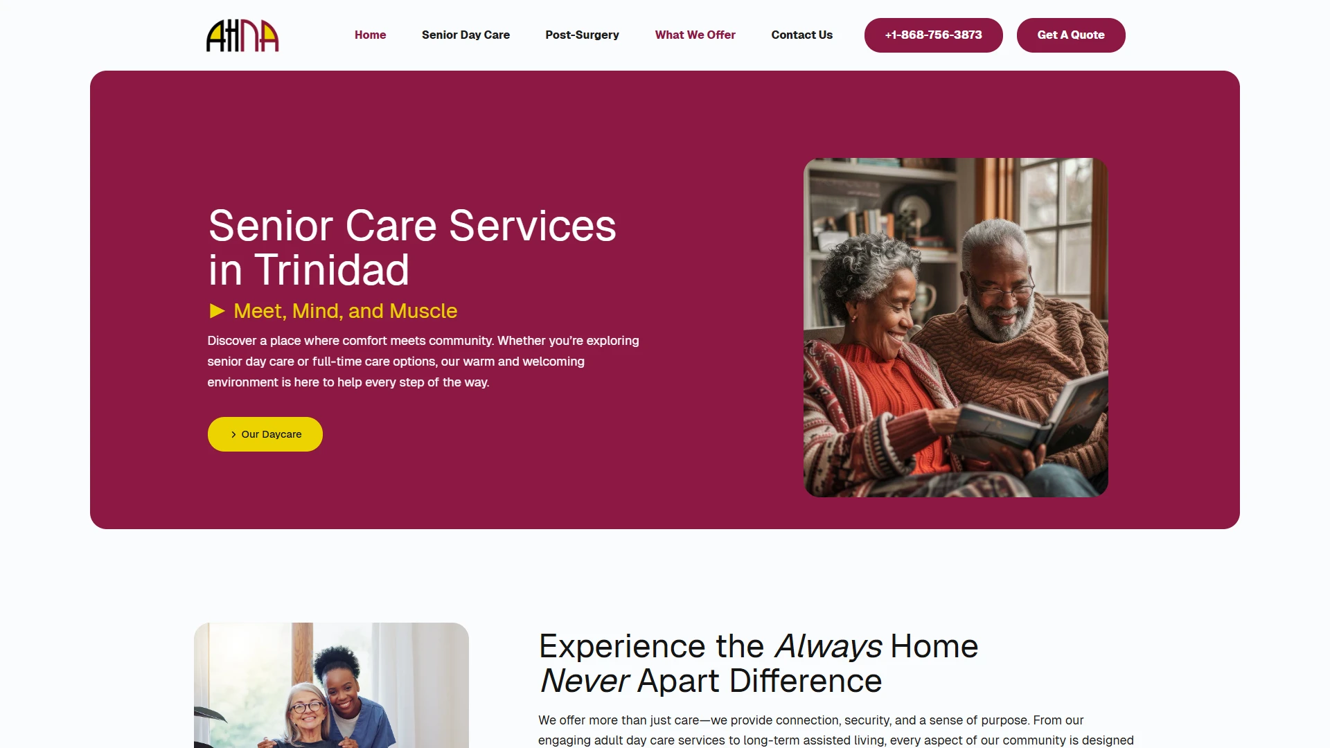 Always Home Never Apart senior care website design mockup